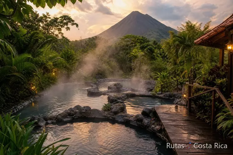 Piscinas de aguas termales naturales entre vegetación tropical cerca del volcán Arenal, Costa Rica