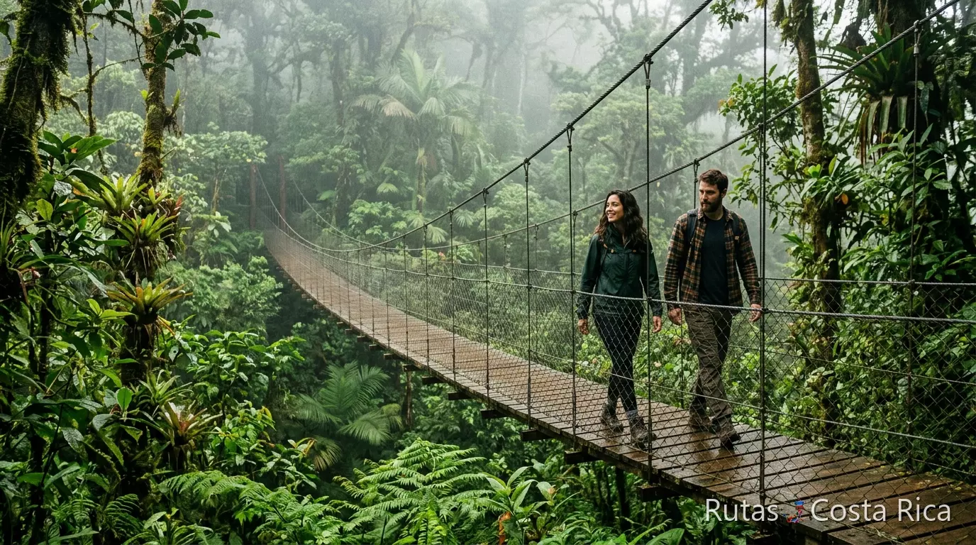 Viajeros cruzando un puente colgante en un bosque nuboso de Costa Rica