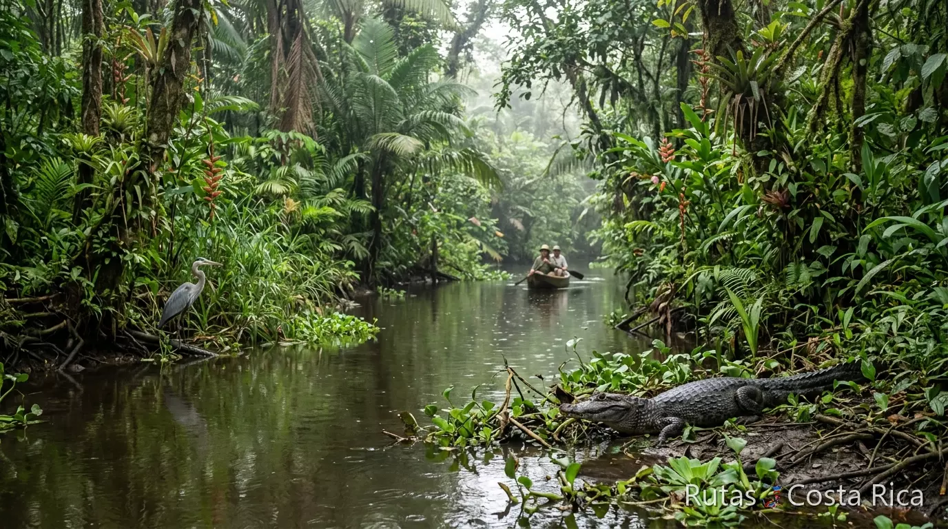 Fauna y canales selváticos en Tortuguero con caimán y ave acuática