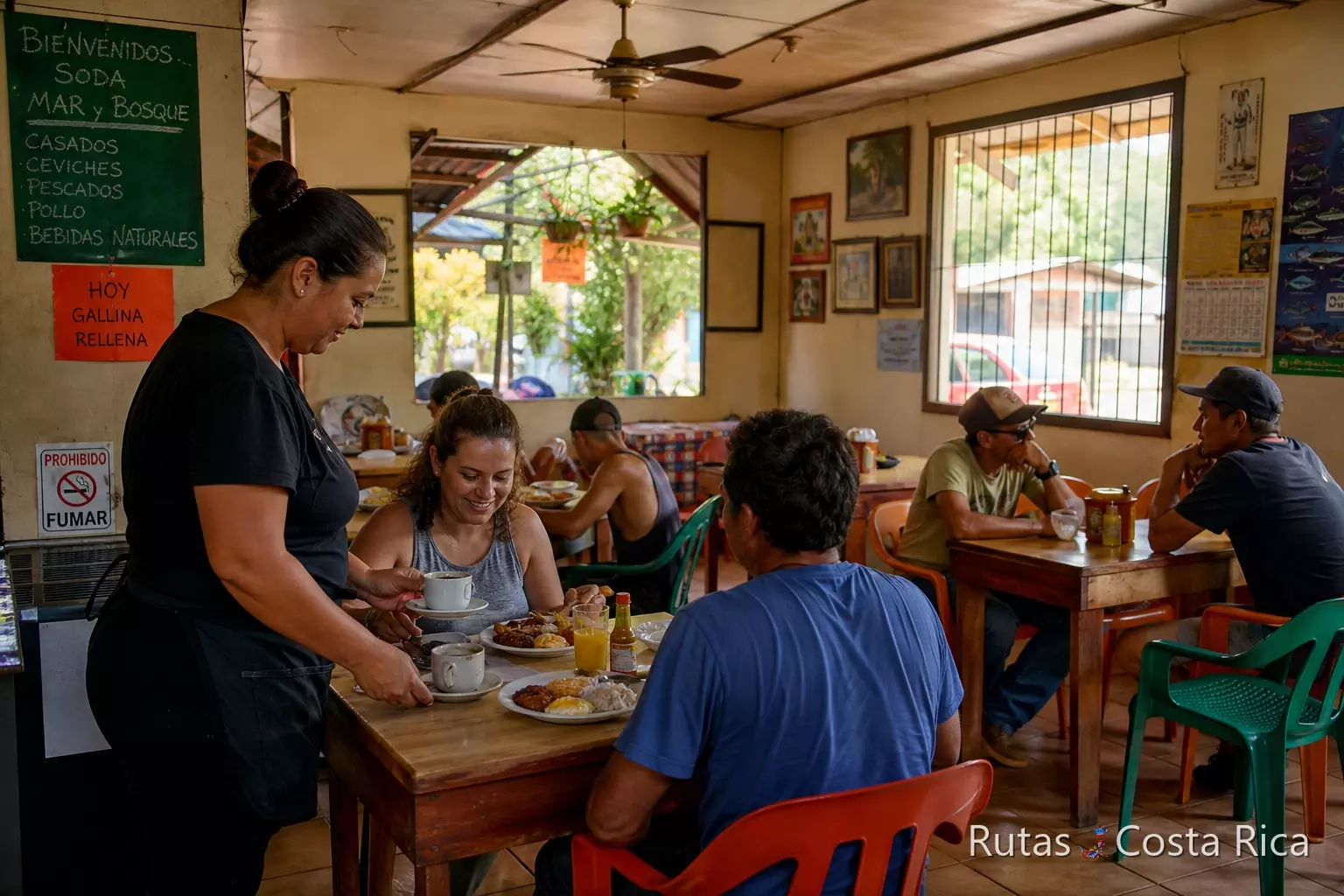 Soda local en Uvita con clientes desayunando casado típico costarricense