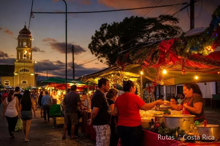Mercado navideño costarricense con luces y puestos de comida local
