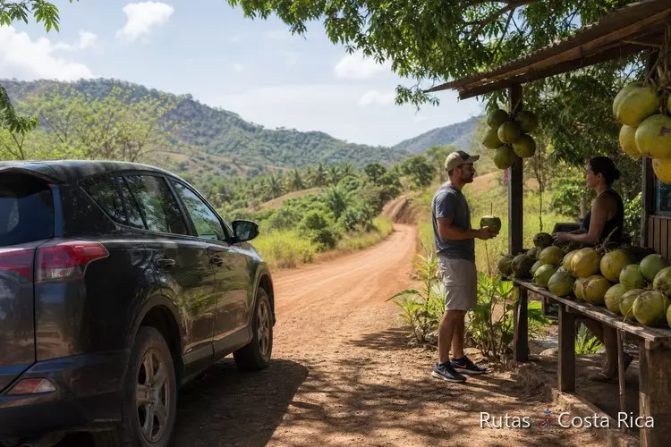 Carretera rural del Pacífico de Costa Rica con vehículo y puesto de fruta en temporada seca