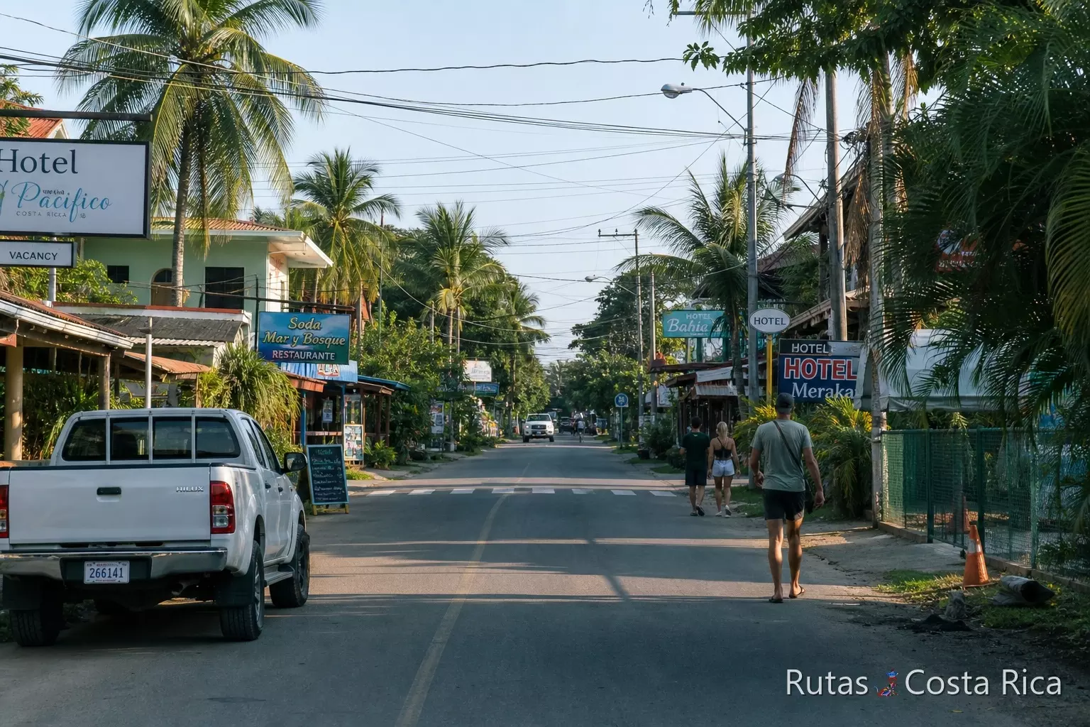 Pueblo costero de Uvita en Costa Rica con palmeras y vida local junto al Pacífico Sur